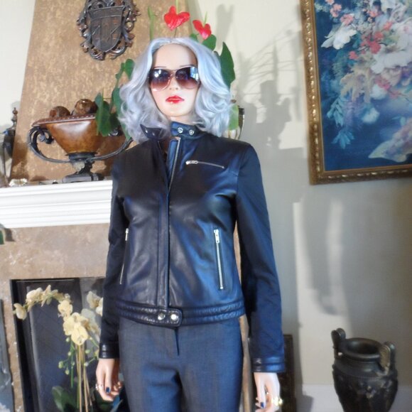 DKNY Black Lamb Leather Moto Jacket Size P - Picture 3 of 16